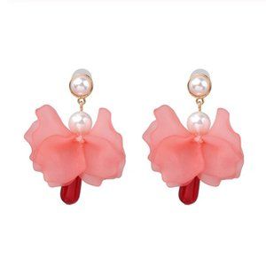 Pink Red Pearl Flower Statement Dangle Earrings